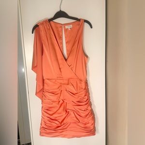 Ronny Kobo Morgan Ruched Mini Party Dress in Coral, Sleeveless, Satin, Size S